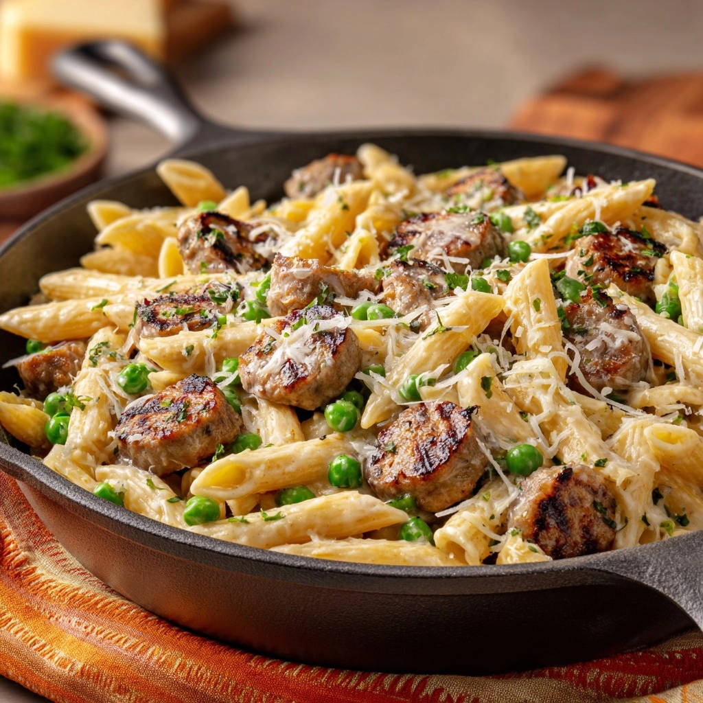 Romige penne met worst en doperwten: perfect sappig & nooit plakkerig