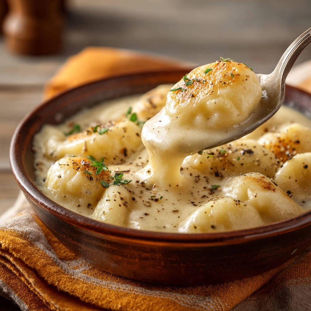 Gnocchi in romige kruidenroomsaus: krokant van buiten, zacht van binnen