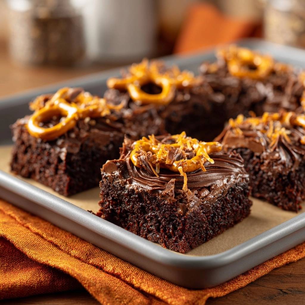 Sappige chocoladebrownies met pretzels en karamel