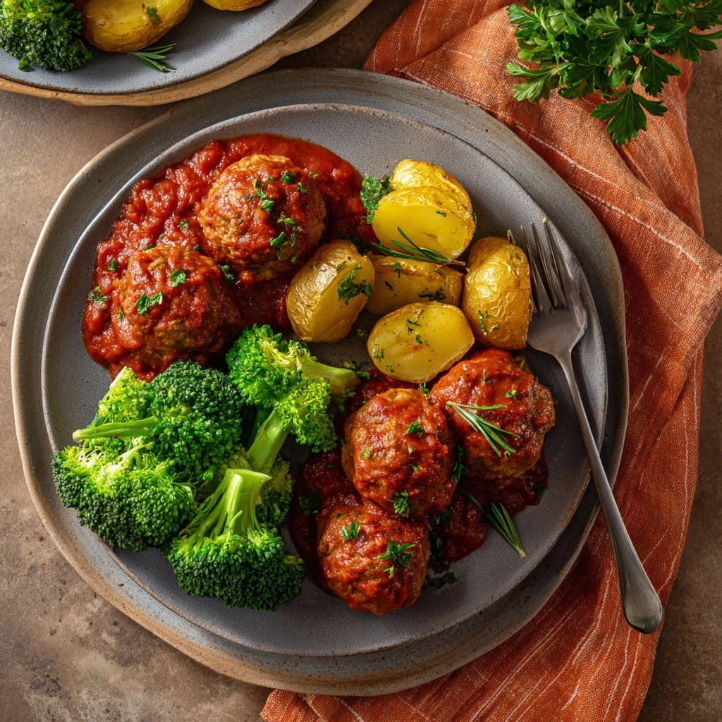 Gehaktballetjes in tomatensaus: malse balletjes, krokante aardappelen