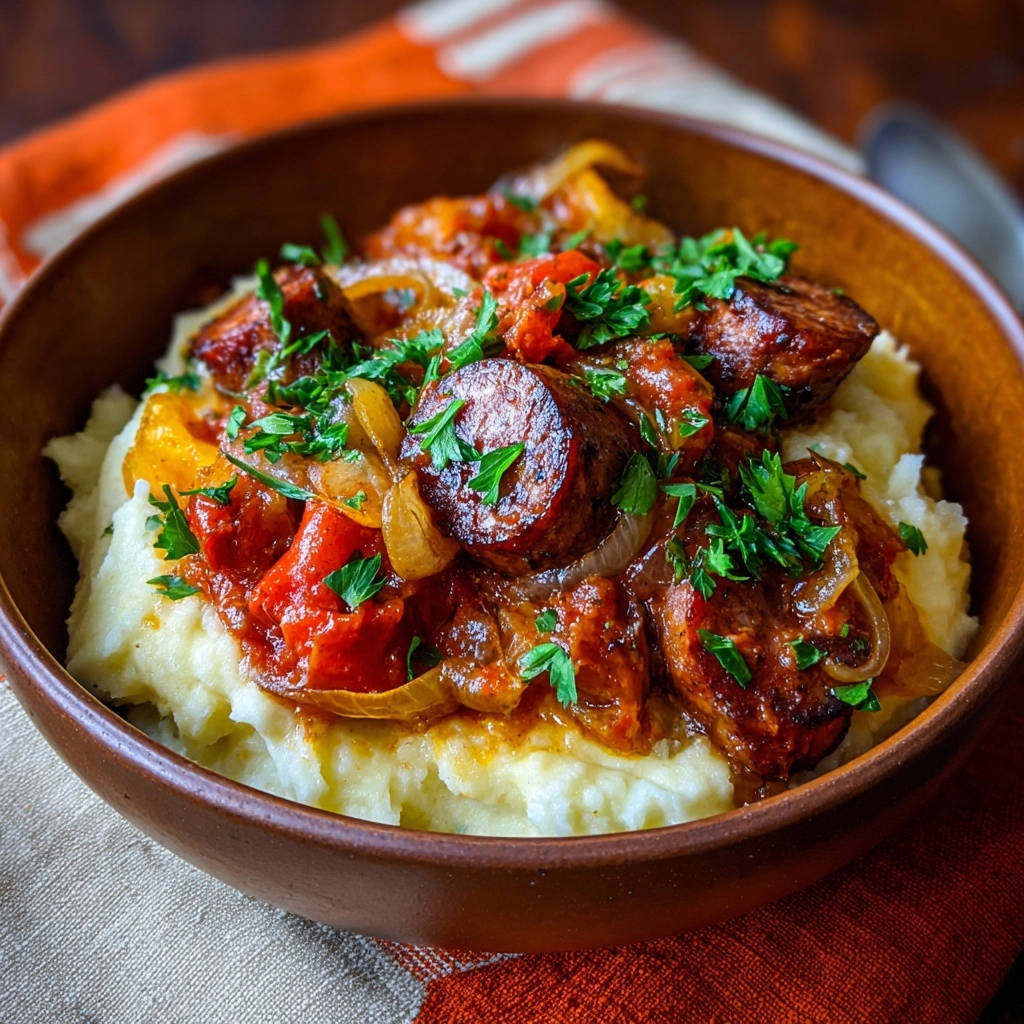 Verrukkelijk sappige braadworstpannetje op romige aardappelpuree!