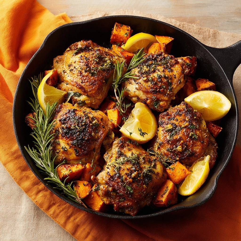 Sappige kippenbouten met zoete aardappel, citroen en rozemarijn