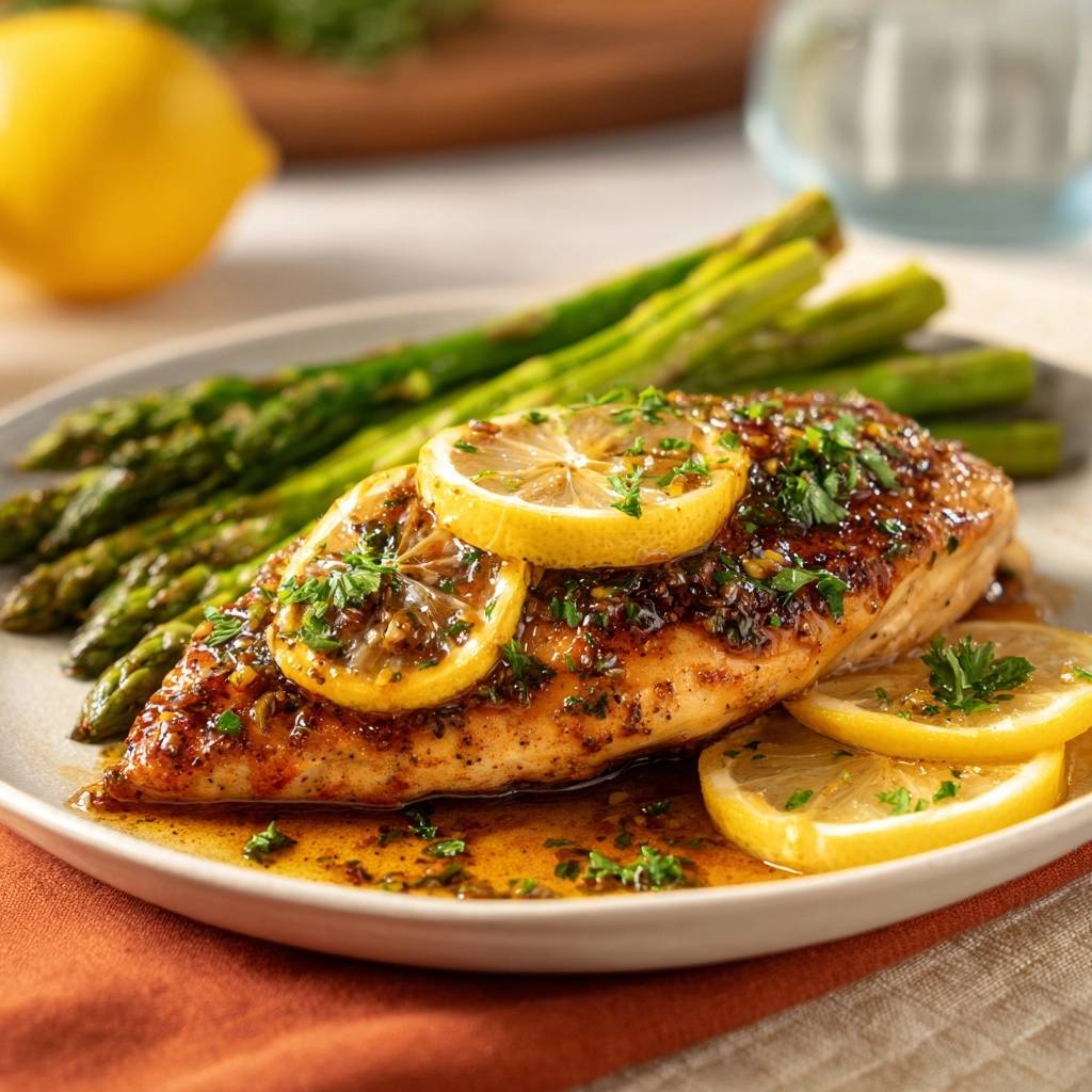 Sappige citroen-knoflookkip met asperges