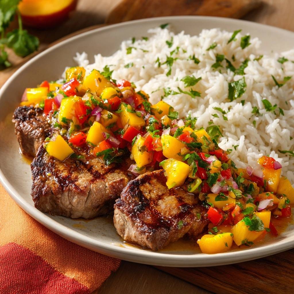 Gegrild rundvleessteak met mango-paprika salsa en rijst
