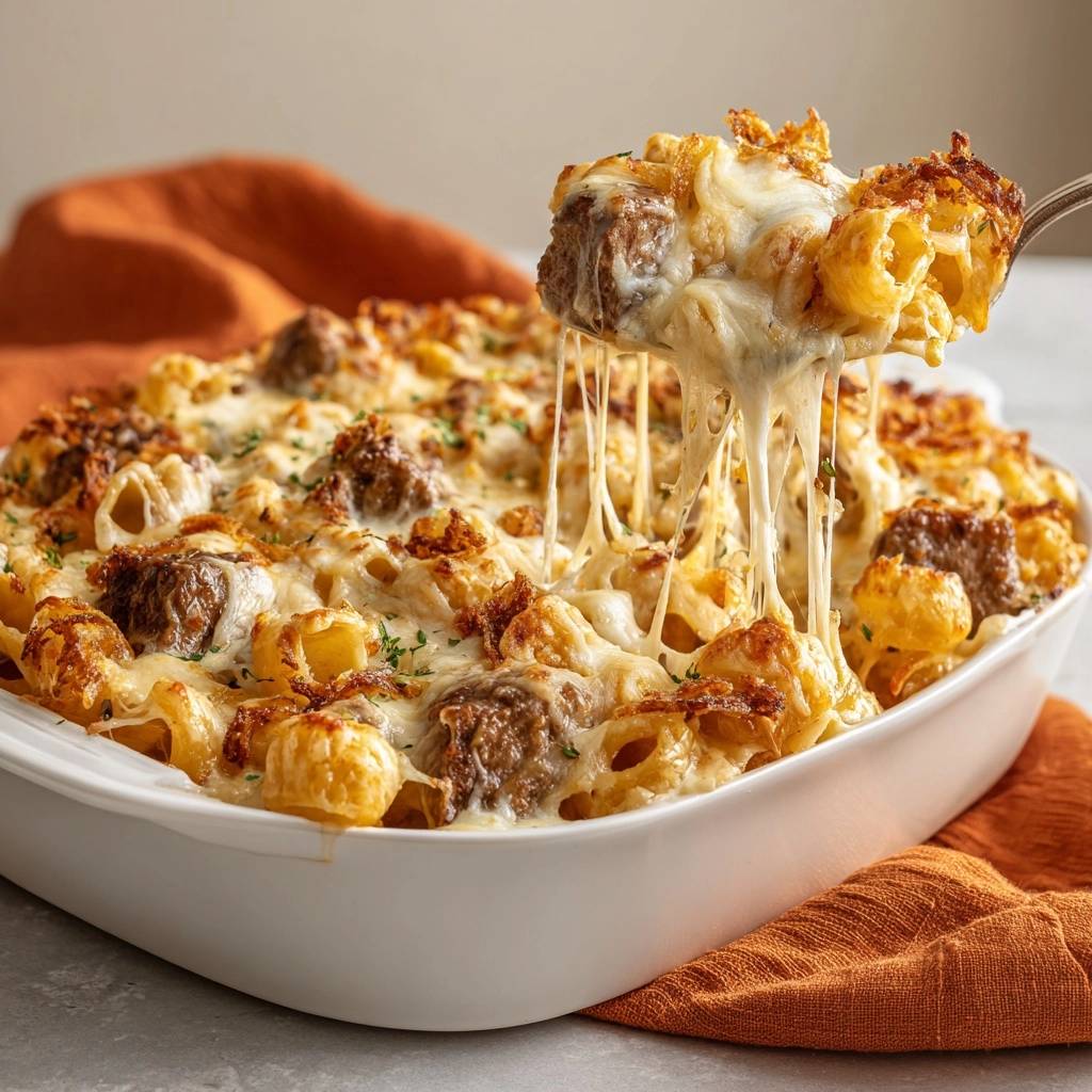 Knapperige kaasknoedelovenschotel met gehaktballetjes