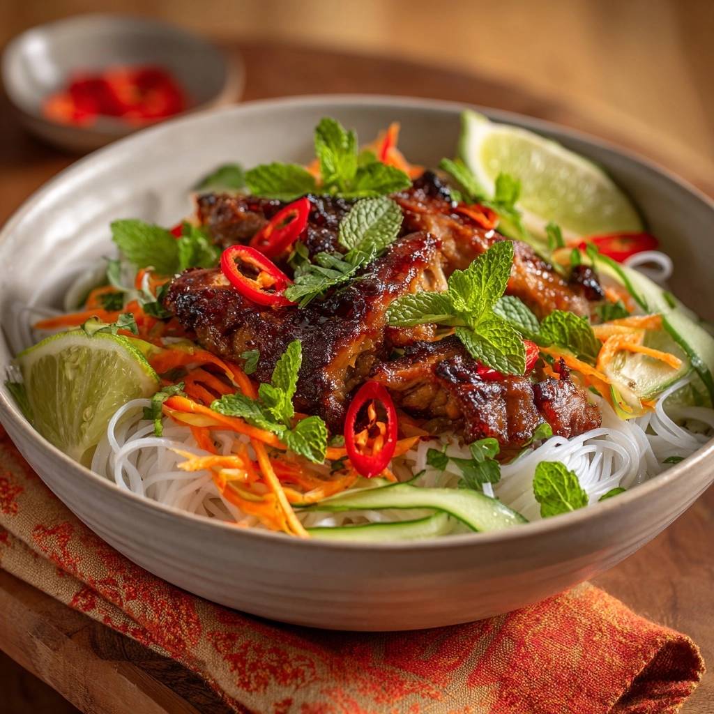 Vietnamese rijstnoedelsalade met gekarameliseerde kip