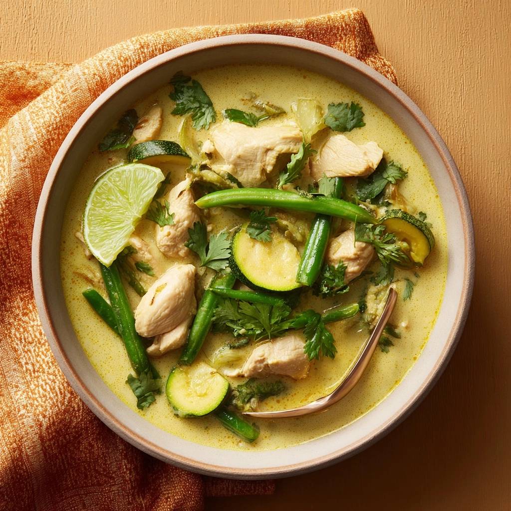 Romige Thaise kipcurry met courgette en bonen