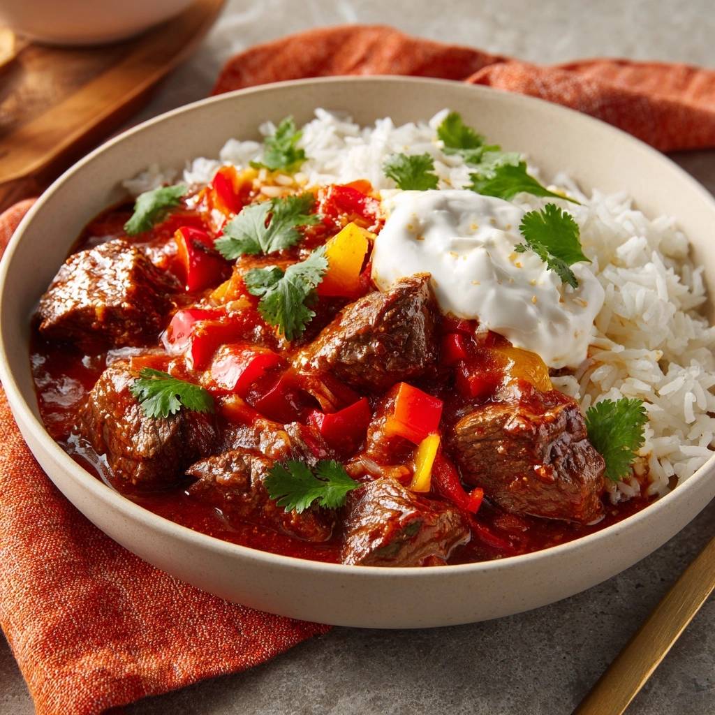 Paprikarundvleesgoulash met rijst: mals & sappig!