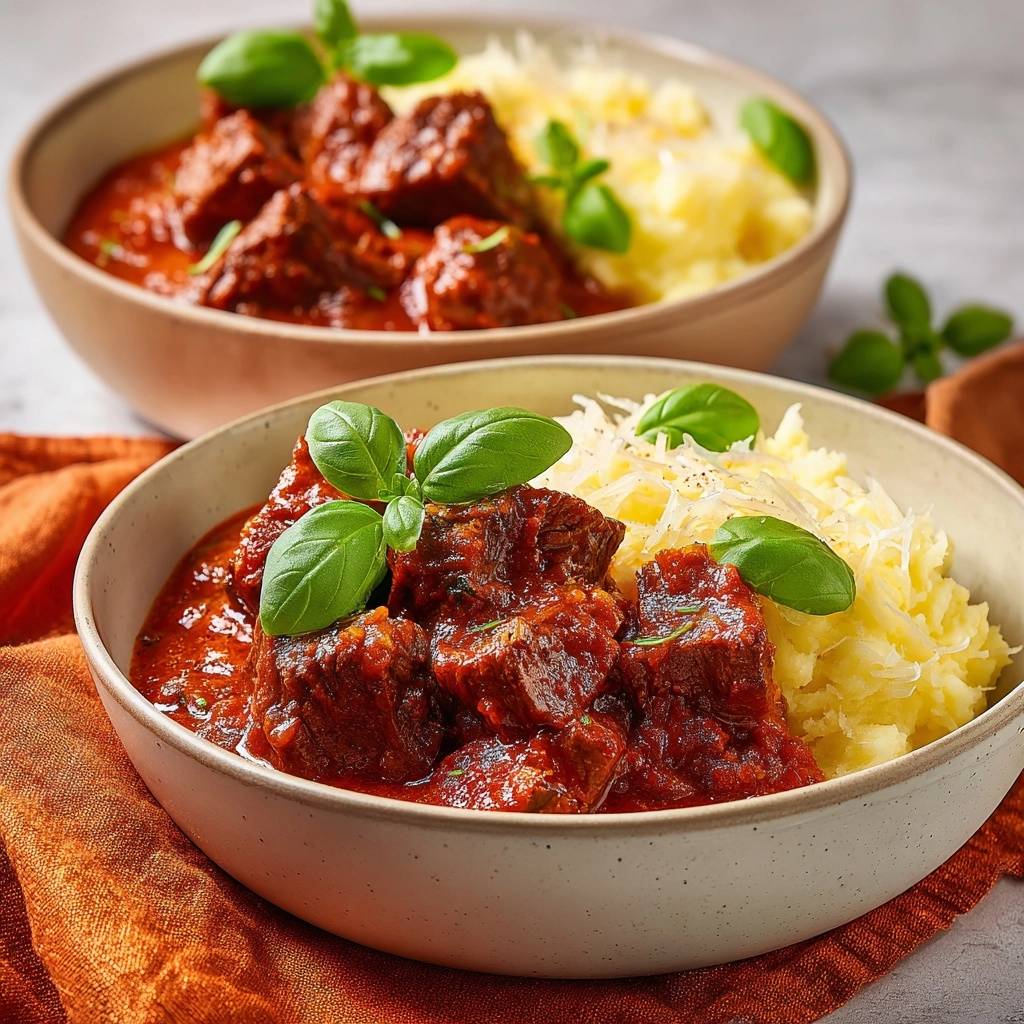 Malse rundvleesragout met romige aardappelpuree