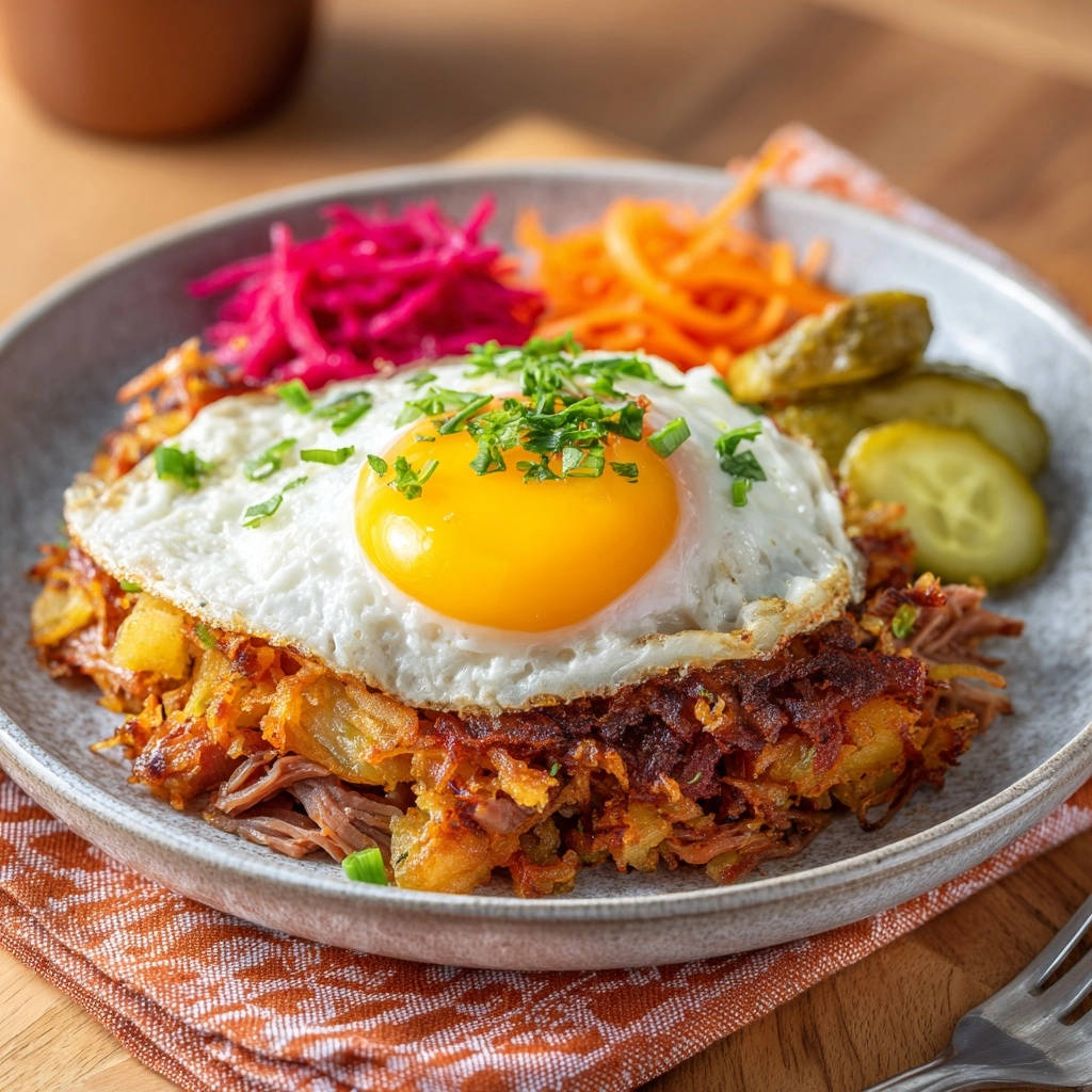 Chique aardappelhash met pulled beef en spiegelei: perfect krokant!