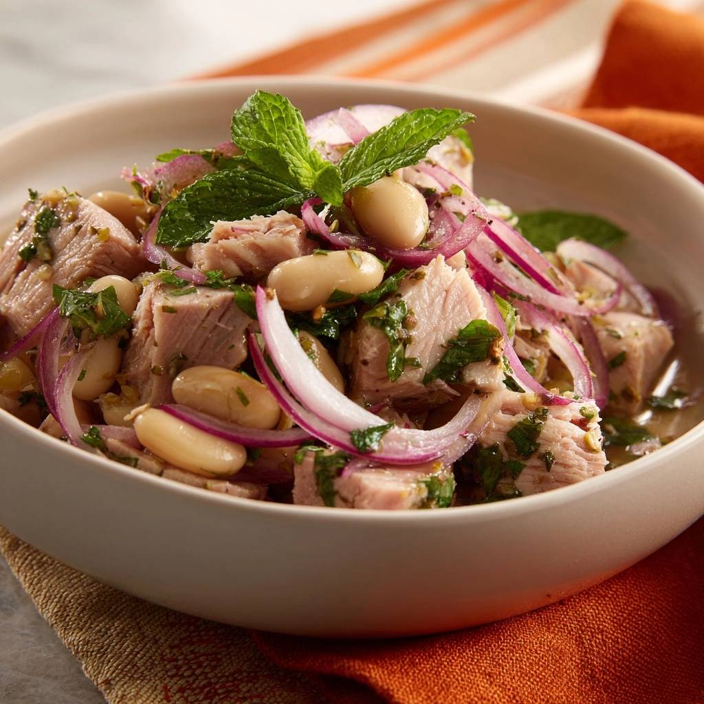 Wittebonensalade met lamsvlees, munt & rode uien