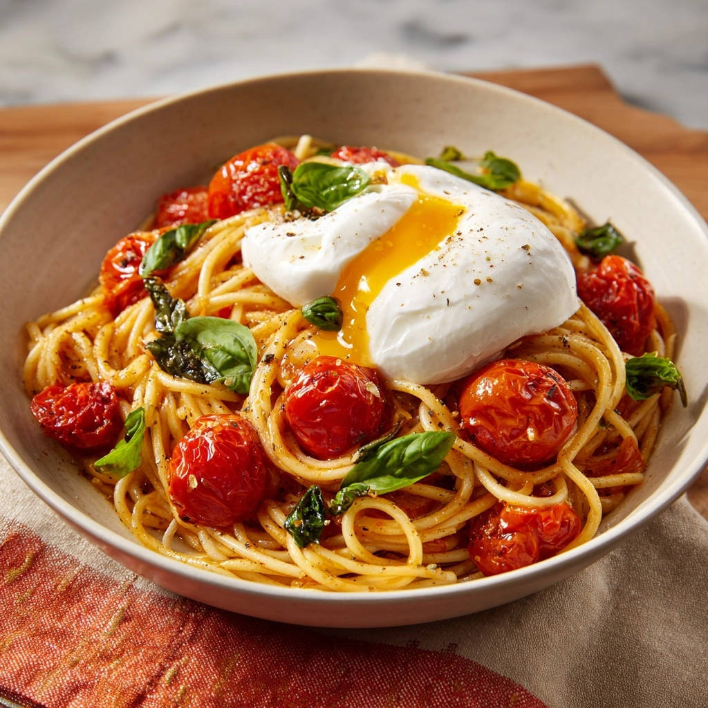 Spaghetti met geroosterde kerstomaten, basilicum en gepocheerd ei