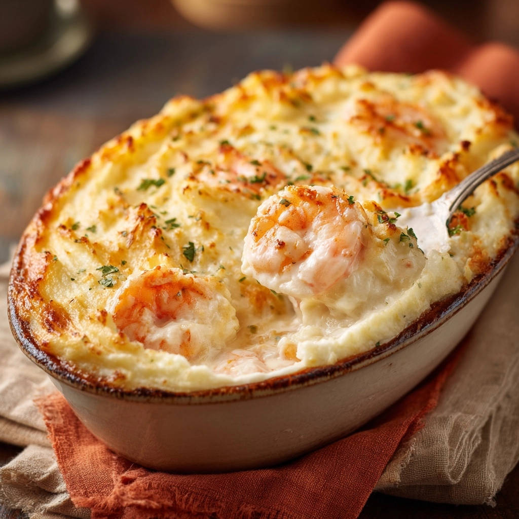 Romige garnalengratin met aardappelhoed: malse garnalen, sappig en smaakvol