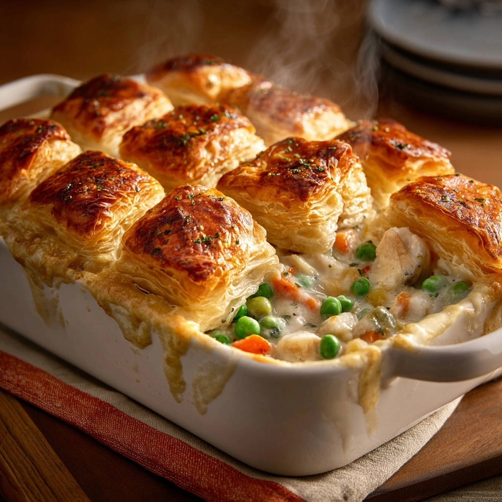 Romige kipstoofpot ovenschotel: Heerlijk gerezen bladerdeeg!