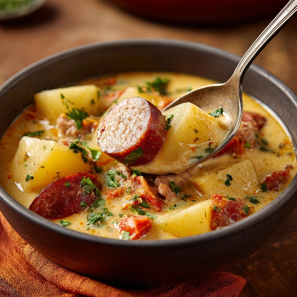 Hartige romige soep met worst en aardappelen: fluweelachtig romig & nooit papperig