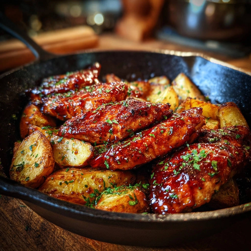 Kip-aardappelpannetje met honing-BBQ-glazuur: mals kippenvlees, nooit verbrande glazuur!