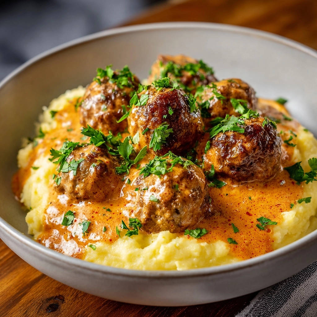 Sappige gehaktballetjes in romige paprikasaus op aardappelpuree: zo lukken ze!