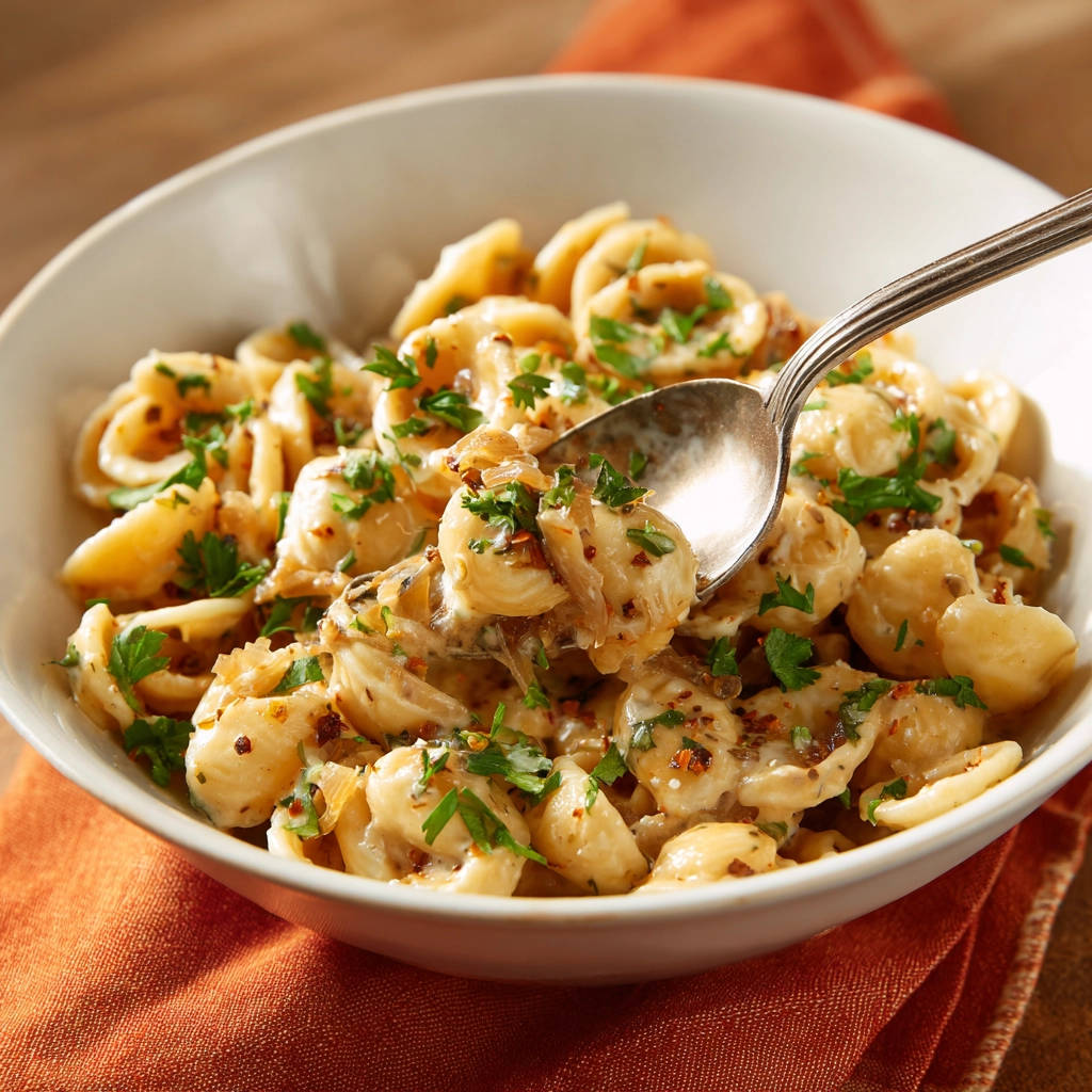 Romige orecchiette met gekarameliseerde uien