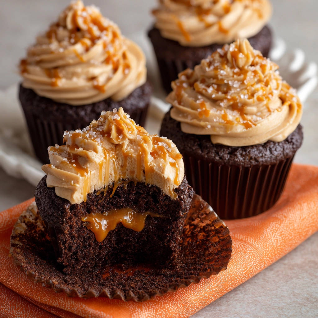 Chocolade-cupcakes met vloeibare karamelsaus en pindakaas