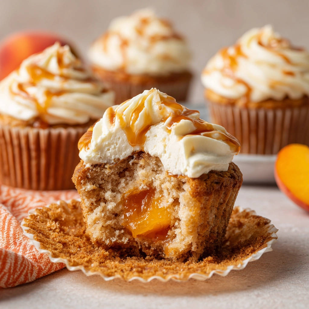 Sappige perzik-cupcakes met karamel die niet doorweken